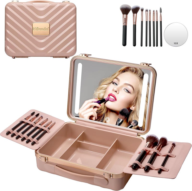 Mocado Travel Makeup Case with Lighted Mirror, 8 Makeup Brushes & 10x Magnifying Mirror, Adjustable Brightness Train Case (Pink) - Image 1